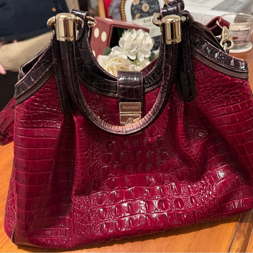 Brahmin Burgundy Crocodile Embossed Leather Bag